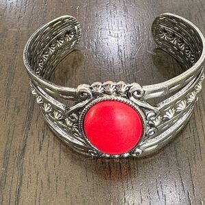 Silver Cuff Bracelet with Red Stone